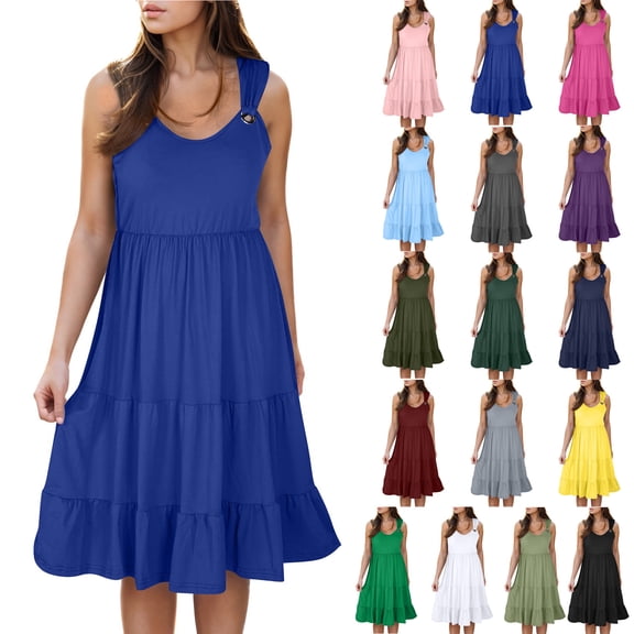 Xunlbb Summer Maxi Dress for Women Fashion Holiday Summer Solid Color Sleeveless Party Beach Dress Beach Dress Size S-2XL