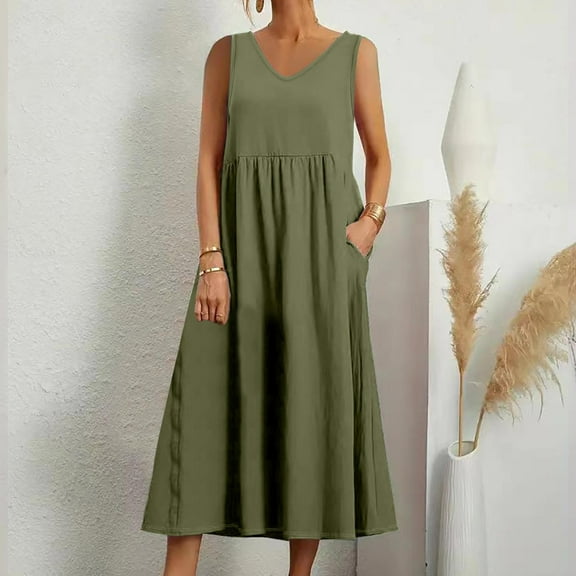 Xunlbb Summer Maxi Dress for Women Fashion Summer Style Women's Solid Color Sleeveless Pocket Loose-neck Dress Beach Dress Size S-5XL