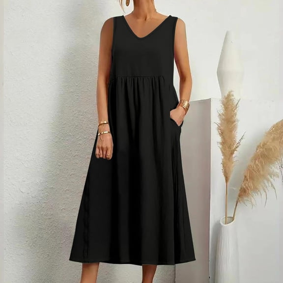 Xunlbb Summer Maxi Dress for Women Fashion Summer Style Women's Solid Color Sleeveless Pocket Loose-neck Dress Beach Dress Size S-5XL