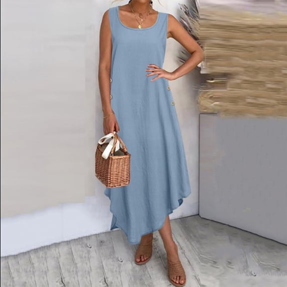 Xunlbb Summer Maxi Dress for Women Women Summer Solid Color Round Neck Sleeveless Cotton Casual Maxi Cotton And Dress Gift for Her Size S-5XL