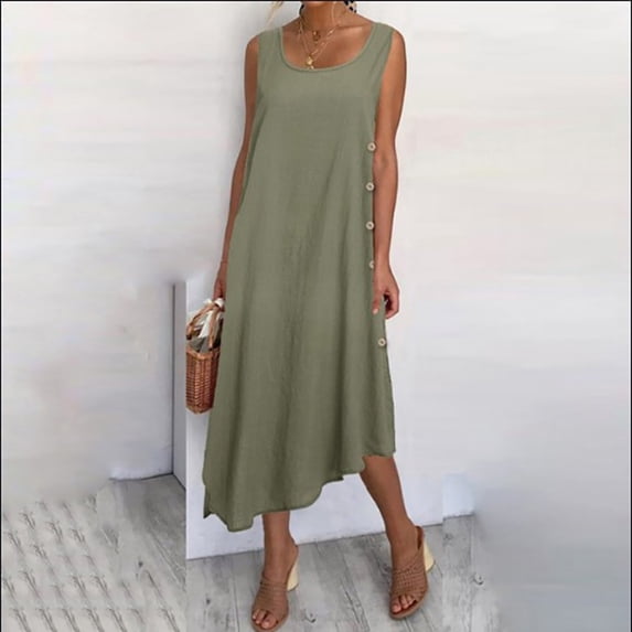 Xunlbb Summer Maxi Dress for Women Women Summer Solid Color Round Neck Sleeveless Cotton Casual Maxi Cotton And Dress Gift for Her Size S-5XL