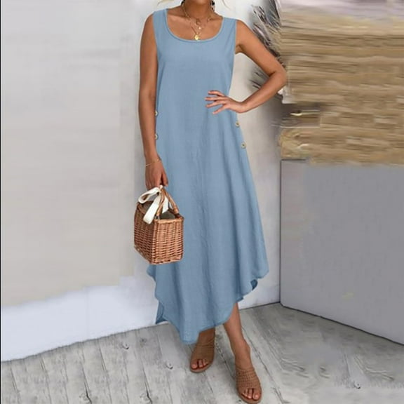 Xunlbb Summer Maxi Dress for Women Women Summer Solid Color Round Neck Sleeveless Cotton Casual Maxi Cotton And Dress Gift for Her Size S-5XL