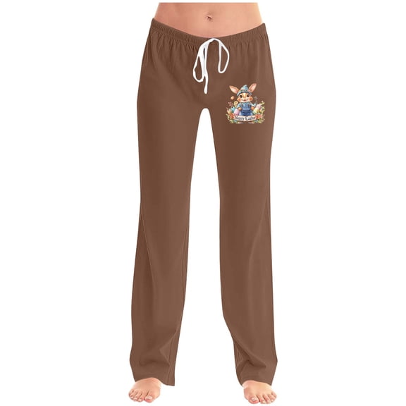Xunlbb Summer Sale! Ladies' Easter Printed Double Pocket Drawstring Pants ,Brown S