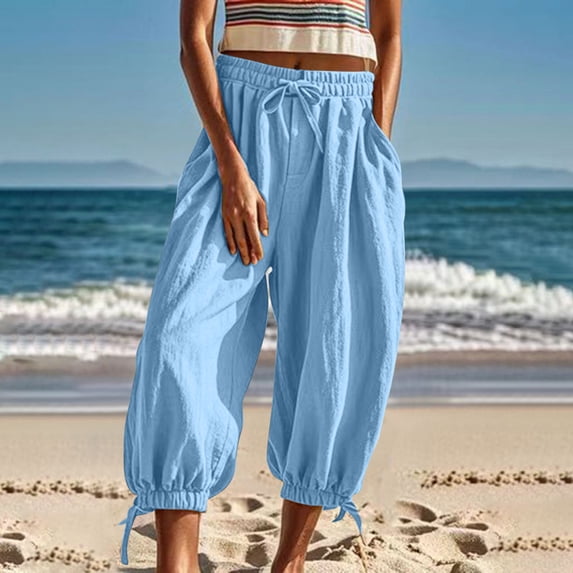 Xunlbb Summer Sale! Women's Casual Loose Baggy Pocket Pants Fashion Playsuit Trousers Overalls Imitation Cotton And Linen Cropped Pants Gift for Women ,Light Blue S