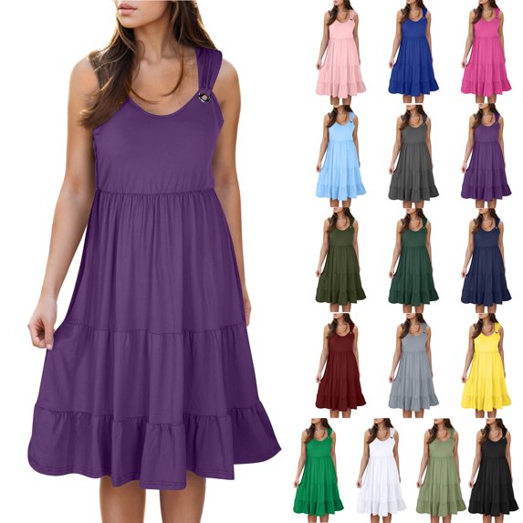 Xunlbb Summer Savings Sundress Women's Fashion Holiday Summer Solid Color Sleeveless Party Beach Dress Beach Vacation Clothes for Women Size S-2XL