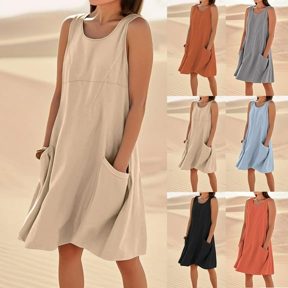Xunlbb Dresses for Women Solid Color Casual Sleeveless Cotton Linen Loose Fitting Dress with Pockets S-3XL Gift for Her