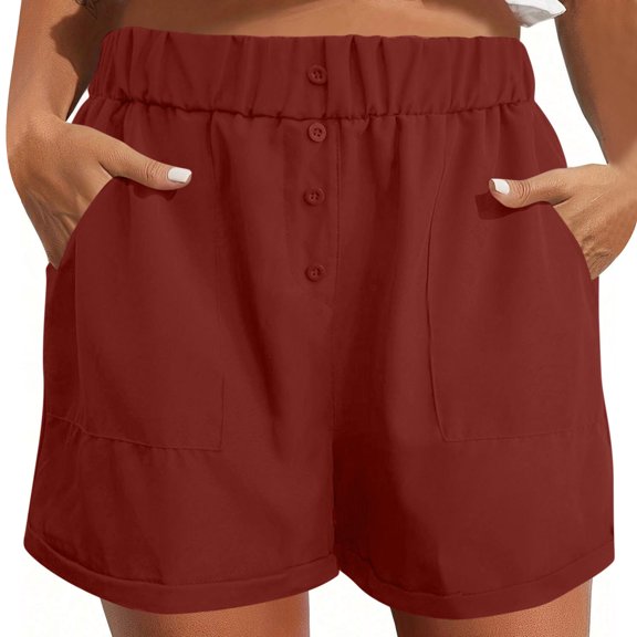 Xunlbb Summer Shorts for Women Cleanance Women Summer Fashion Solid Color Button Pocket Shorts,Wine S