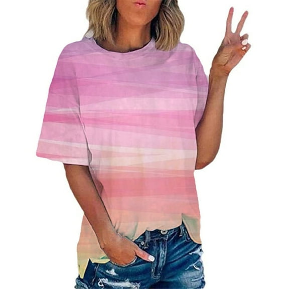 Xunlbb Summer Womens T Shirts Lightweight Crew Neck Tops Multicolor Cotton Shirts for Women Trendy Loose Short Sleeves Tshirts Plus Size Beach Party Fashion