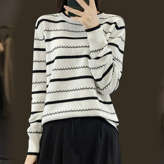 Xunlbb Sweaters for Women, Tops for Women Trendy Women's Striped Long Sleeved Round Neck Knitted Sweater With A Stripe Top S-2XL Great Gifts for Less