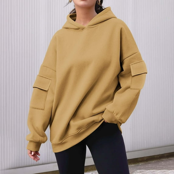 Xunlbb Sweatshirt for Women,Women's Solid Color Long Sleeved Pocket Loose Hooded Top Sweatshirt,Size S-2XL