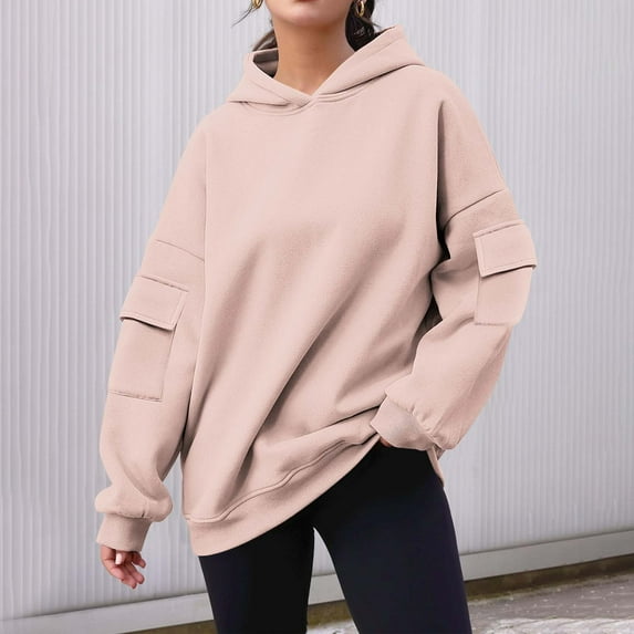 Xunlbb Sweatshirt for Women,Women's Solid Color Long Sleeved Pocket Loose Hooded Top Sweatshirt,Size S-2XL