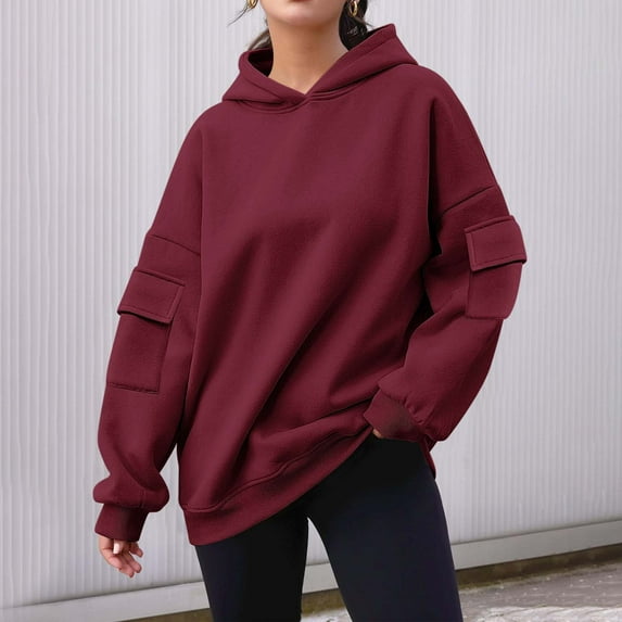 Xunlbb Sweatshirt for Women,Women's Solid Color Long Sleeved Pocket Loose Hooded Top Sweatshirt,Size S-2XL