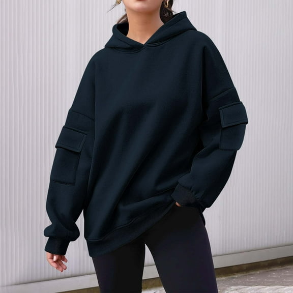 Xunlbb Sweatshirt for Women,Women's Solid Color Long Sleeved Pocket Loose Hooded Top Sweatshirt,Size S-2XL