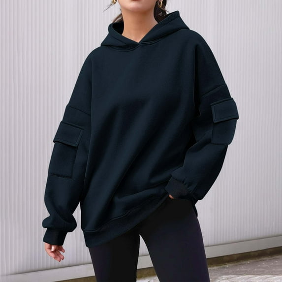 Xunlbb Sweatshirt for Women,Women's Solid Color Long Sleeved Pocket Loose Hooded Top Sweatshirt,Size S-2XL