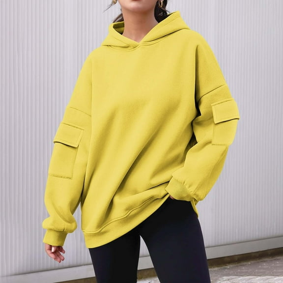 Xunlbb Sweatshirt for Women,Women's Solid Color Long Sleeved Pocket Loose Hooded Top Sweatshirt,Size S-2XL
