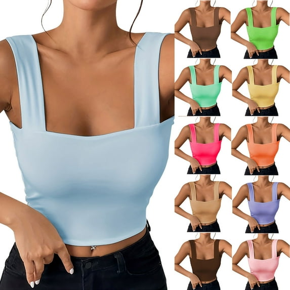Xunlbb Tank Top for Women Summer Wide Shoulder Strap Sleeveless Solid Color Top Round Neck Tank Top Summmer Shirts for Women XS-2XL