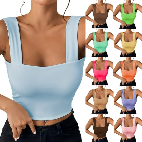 Xunlbb Tank Top for Women Summer Wide Shoulder Strap Sexy Sleeveless Solid Color Top Round Neck Tank Top Summmer Shirts for Women XS-2XL