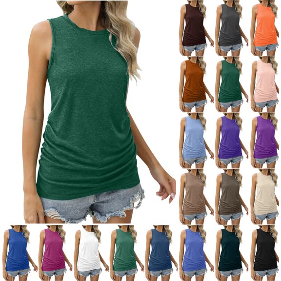 Xunlbb Tank Top for Women Summer Women Solid Color Round Neck Pocket Sleeveless Casual Tee Tank Summmer Shirts for Women S-5XL