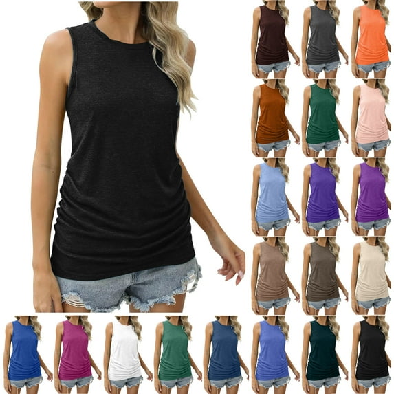 Xunlbb Tank Top for Women Summer Women Solid Color RoundNeck Pocket Sleeveless Casual Tee Tank Sleeveless Tops for Women S-5XL