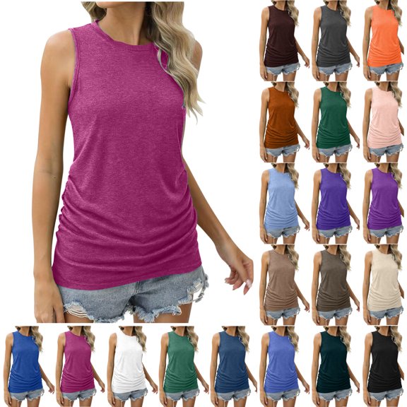 Xunlbb Tank Top for Women Summer Women Solid Color RoundNeck Pocket Sleeveless Casual Tee Tank Sleeveless Tops for Women S-5XL