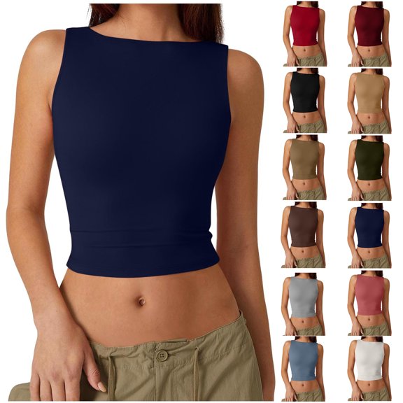 Xunlbb Tops for Women Under $5 Women's Fashionable Solid Open Back Round-Neck Tank Top Sleeveless Casual Blouses Sleeveless Tops for Women Under $5 S-2XL
