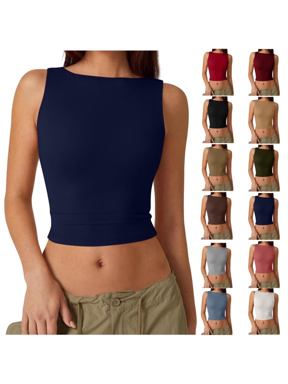 Tops for Women Under $5 Women's Fashionable Solid Open Back Round-Neck Tank Top Sleeveless Casual Blouses Sleeveless Tops for Women Under $5 S-2XL