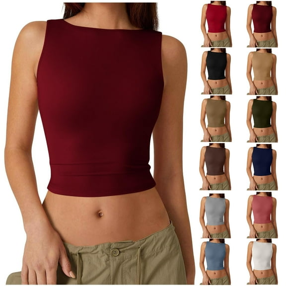 Xunlbb Tops for Women Under $5 Women's Fashionable Solid Open Back Round-Neck Tank Top Sleeveless Casual Blouses Sleeveless Tops for Women Under $5 S-2XL