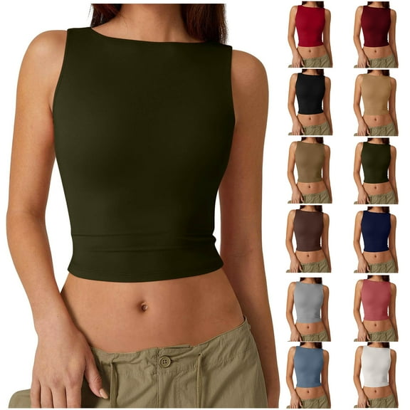 Xunlbb Tops for Women Under $5 Women's Fashionable Solid Open Back Round-Neck Tank Top Sleeveless Casual Blouses Sleeveless Tops for Women Under $5 S-2XL