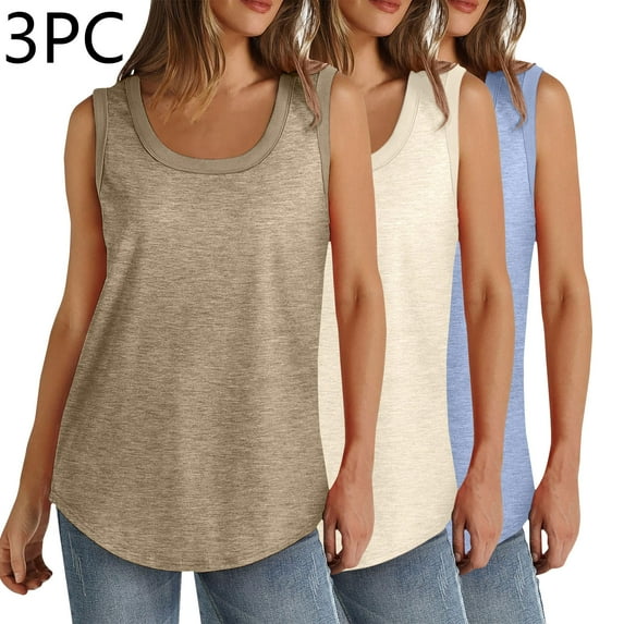 Xunlbb Tops for Women 3PCSummer Women Solid Color Round Neck Sleeveless Casual Tee Tank Summmer Shirts for Women S-5XL