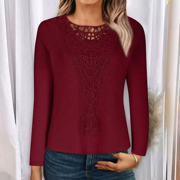 Xunlbb Tops for Women Trendy Women's Solid Color Crew-Neck Lace Patchwork Long-Sleeved Loose Tops S-3XL Great Gifts for Less