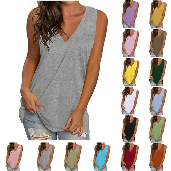 Xunlbb Tops for Women Under $5 Women's Casual Solid V-Neck Gradient Sleeveness Tops Loose Vest Blouses Beach Vacation Clothes for Women S-5XL