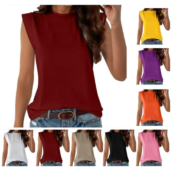 Xunlbb Tops for Women Under $5 Women's Fashion Casual Solid Color Sleeveless Round Neck Tank Top Summmer Shirts for Women S-2XL