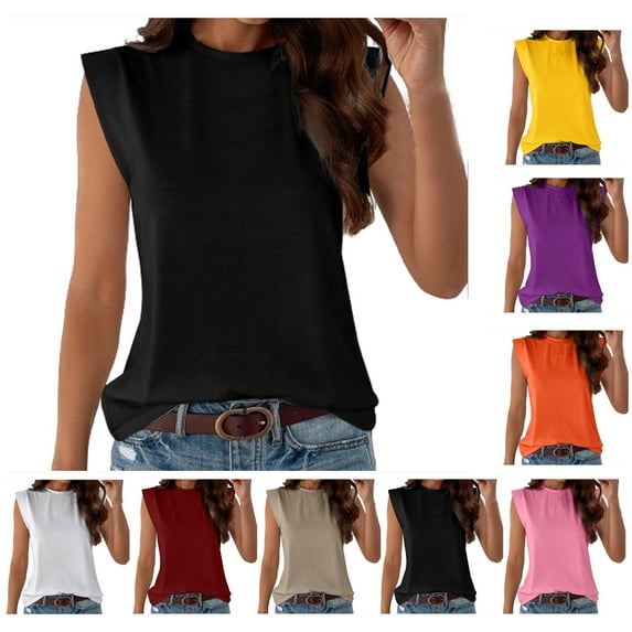 Xunlbb Tops for Women Under $5 Women's Fashion Casual Solid Color Sleeveless Round Neck Tank Top Summmer Shirts for Women S-2XL