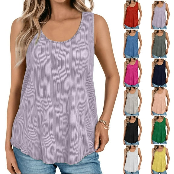 Xunlbb Tops for Women Under $5 Womens Summer Round Neck Tank Casual Textured Basic Sleeveless Shirts Sleeveless Tops for Women Under $5 S-2XL