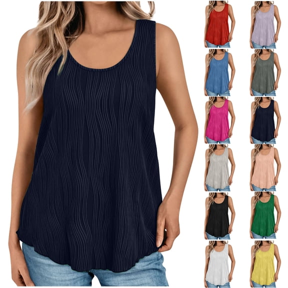 Xunlbb Tops for Women Under $5 Womens Summer Round Neck Tank Casual Textured Basic Sleeveless Shirts Sleeveless Tops for Women Under $5 S-2XL