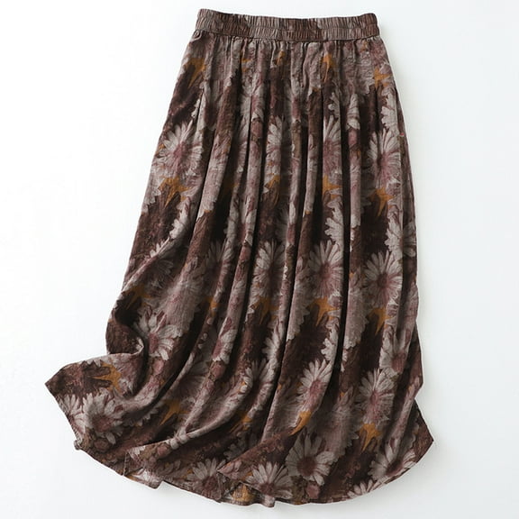 Xunlbb Up to 50% off Maxi Skirt, Women's Summer Casual Printed And Linen A-line Elastic Waist Skirt Gift for Women, Size M-2XL