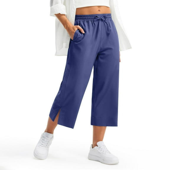 Xunlbb Wide Leg Pants Woman, Womens Lightweight Wide Leg Cropped Pants With High Waist And Drying Casual Travel Pants With Wide Elastic Pockets For Walking ,Blue XL
