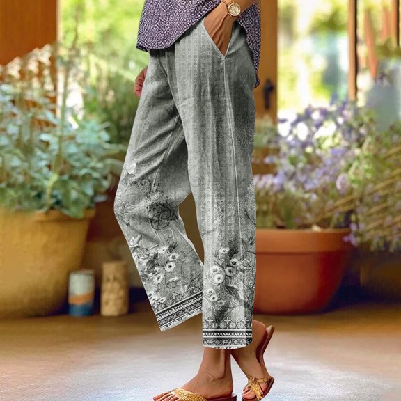 Xunlbb Wide Leg Pants Women Casual, Women'S Spring Print All-Match Straight Leg Casual Pants ,B-Gray S
