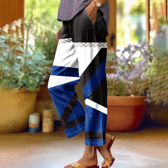 Xunlbb Wide Leg Pants Women Casual, Women'S Spring Print All-Match Straight Leg Casual Pants ,Blue M