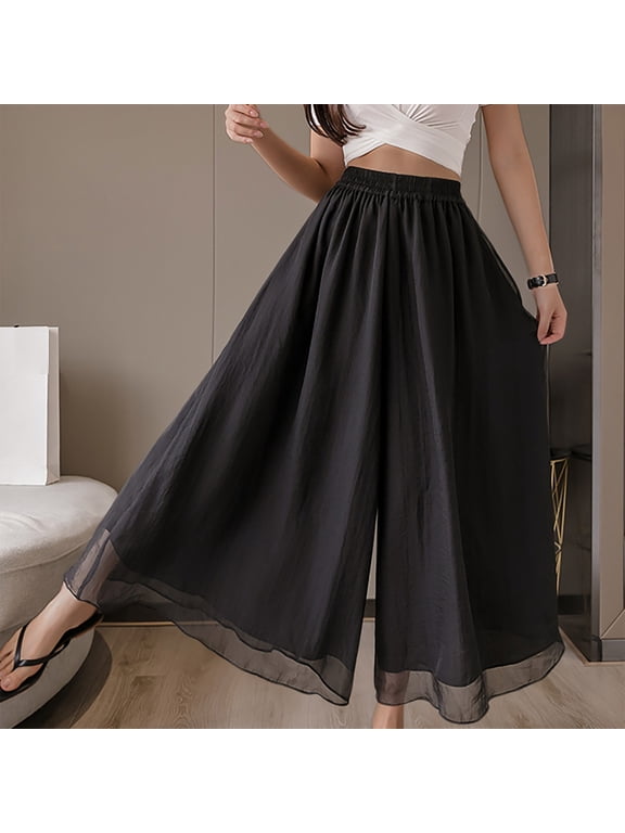 Wide Leg Scrub Pants for Women, Ladies' Loose Casual Double-layer Chiffon Wide Leg Pants ,Black L