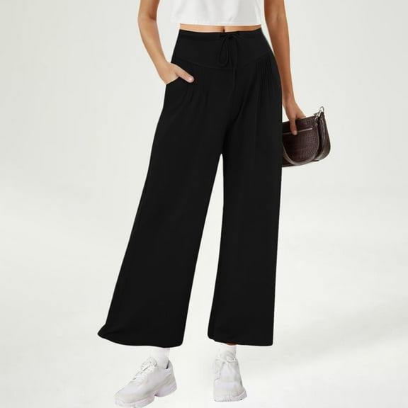 Xunlbb Wide Leg Scrub Pants for Women, Spring Summer Casual Loose Solid Color Fashion Pockets Outwear Long Pants For Women ,Black S