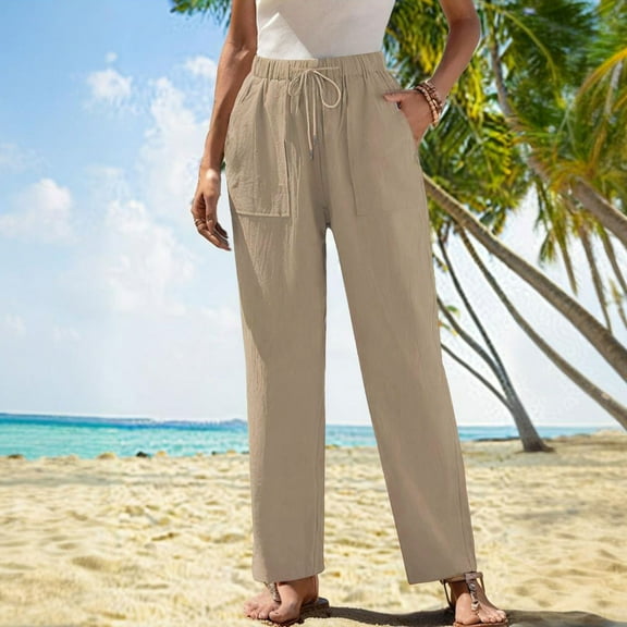 Xunlbb Wide Leg Scrub Pants for Women, Spring Summer Fashion Casual Solid Color Drawstring Pockets Outwear Long Pants Trousers For Women ,Beige M