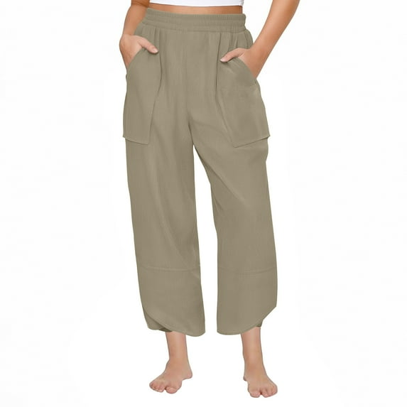 Xunlbb Wide Leg Scrub Pants for Women, Women's Solid Color Casual Pocket Loose Straight Tube Elastic Waistband Crossed Hems ,Khaki M