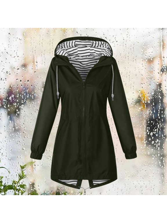 Winter Coats for Women Women Solid Color Rain Jacket Outdoor Hooded Windproof Loose With Pocket Coat,Army Green