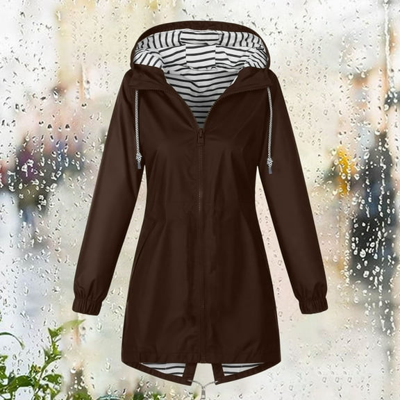 Xunlbb Winter Coats for Women Women Solid Color Rain Jacket Outdoor Hooded Windproof Loose With Pocket Coat,Brown