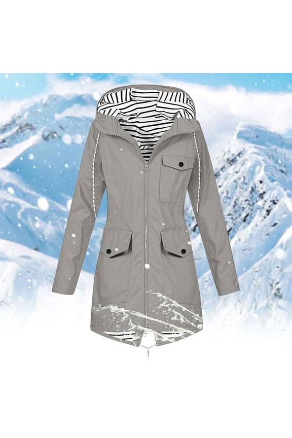 Winter Coats for Women Women Solid Color Rain Jacket Outdoor Hooded Windproof Loose With Pocket Coat,Gray