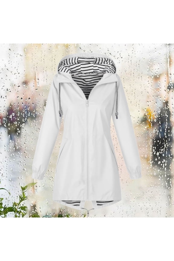 Winter Coats for Women Women Solid Color Rain Jacket Outdoor Hooded Windproof Loose With Pocket Coat,White