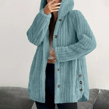 Xunlbb Winter Coats for Women Women's Winter Long Sleeved Hooded Warm Jacket Solid Color Button Top Jacket,Light Blue