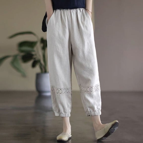 Xunlbb Women Linen Pants, Ladies' Fashionable Embroidered Cotton And Linen Loose V-neck Short Sleeved Top Gift for Women ,Beige 3XL