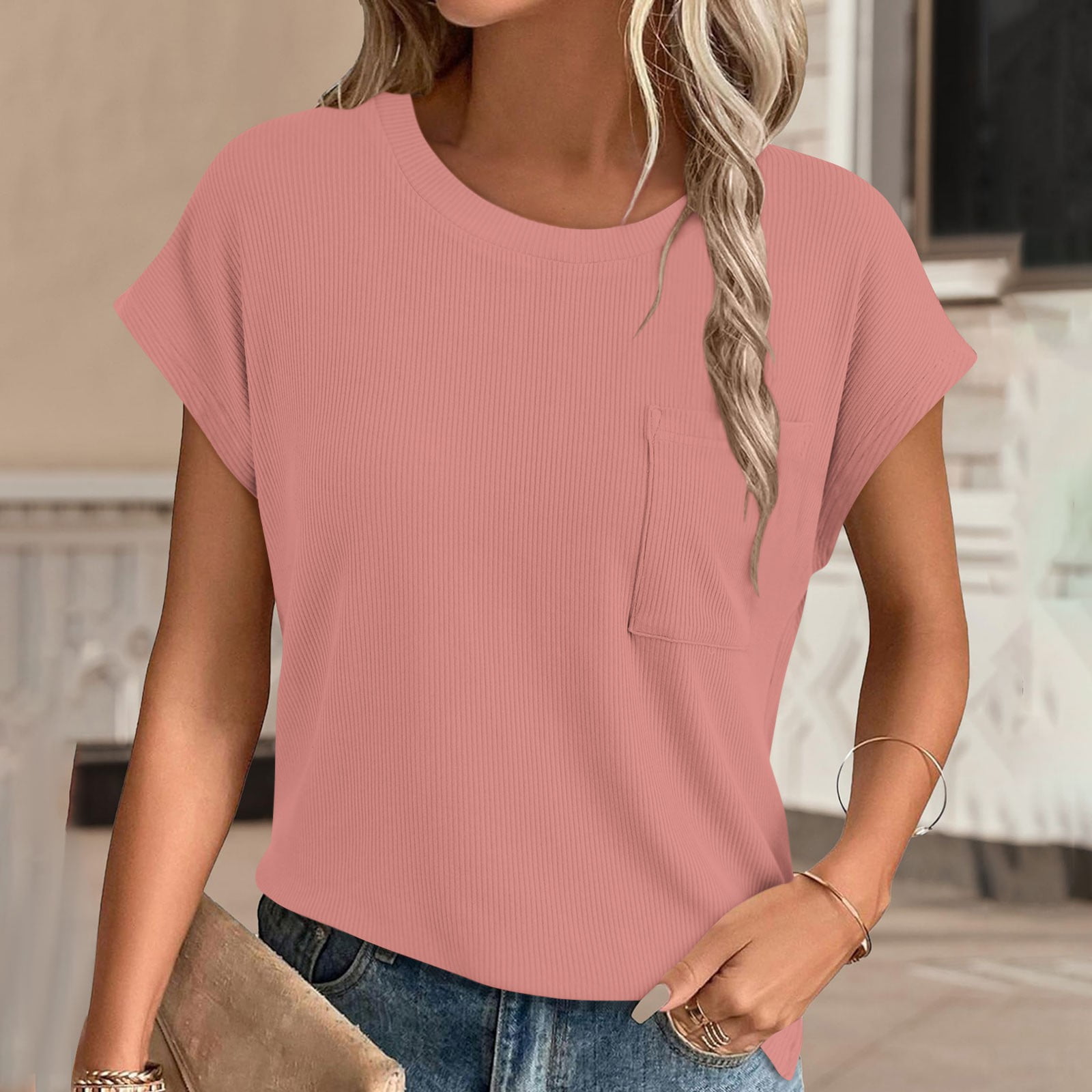 Xunlbb Women Short Sleeve Dress Women's Casual Solid Color Short-Sleeved Crew-Neck Top S-3XL Summer Savings Evergreen